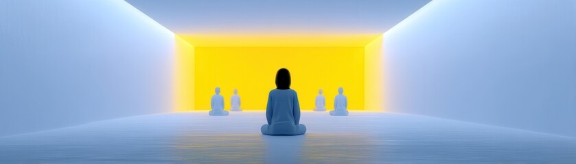 A serene scene featuring a person meditating in a minimalist space with soft lighting, evoking tranquility and mindfulness.