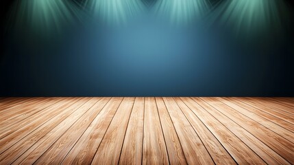 The image shows a light brown wooden floor against a dark teal wall, illuminated by spotlights from above.