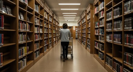 Obraz premium Woman pushing cart in quiet library aisle