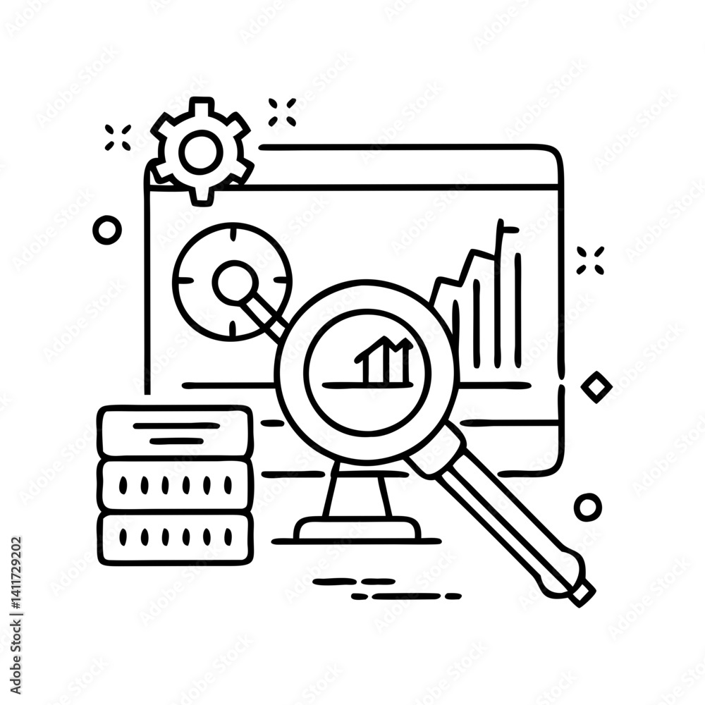 Poster data analysis magnifying glass showing business growth and database