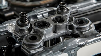 Fototapeta premium Close-up of a car’s thermostat housing with visible metal casting and rubber seals—detailed, durable, and essential for engine temperature control.