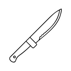Line drawing of a serrated blade knife with a wooden handle