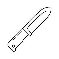 Line art illustration of a fixed blade knife with a serrated edge and a pointed tip
