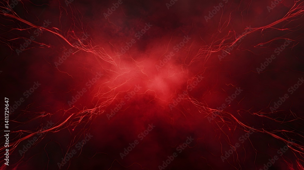 Poster an image of a dark red background with thin, bright red lines resembling veins or lightning branchin