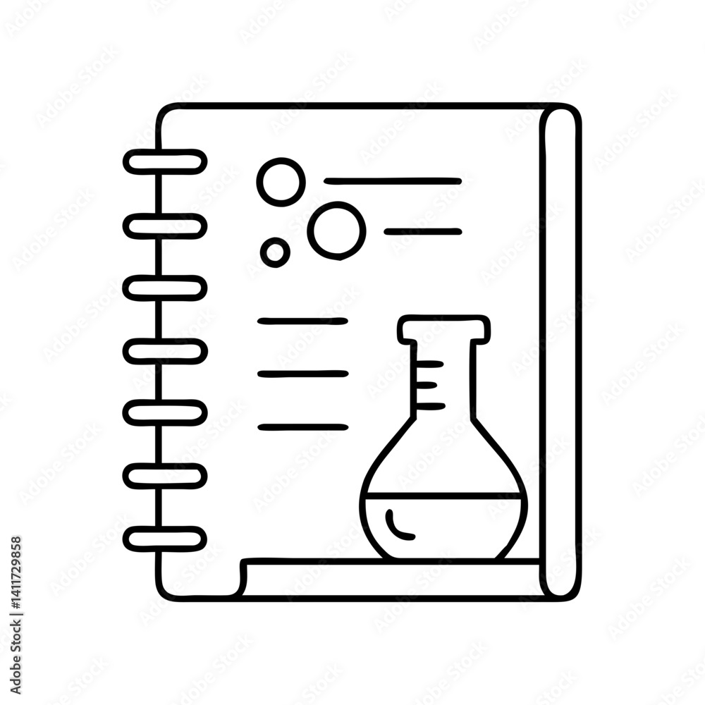 Poster science laboratory notebook with chemical flask and experiment notes