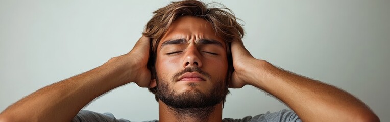 Obraz premium Man Holding Head in Pain in Portrait with Expression of Discomfort
