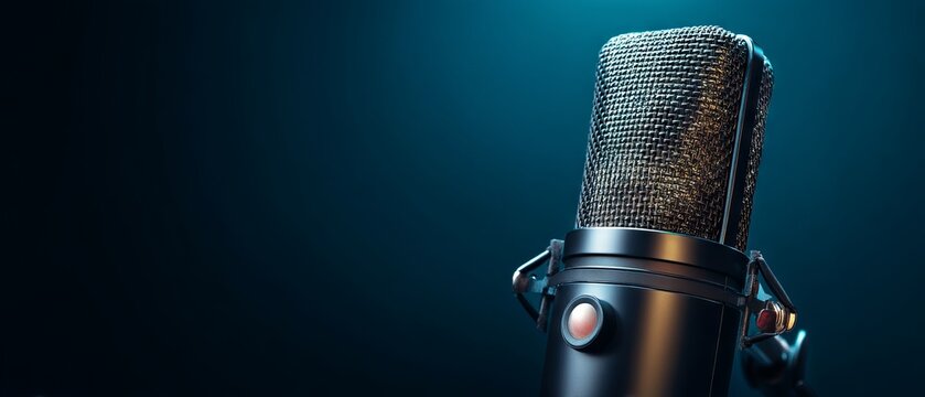 Studio‑grade condenser microphone on vibrant blue backdrop — minimalist recording equipment banner ideal for podcasting, voice‑over, livestream, and music production concepts
