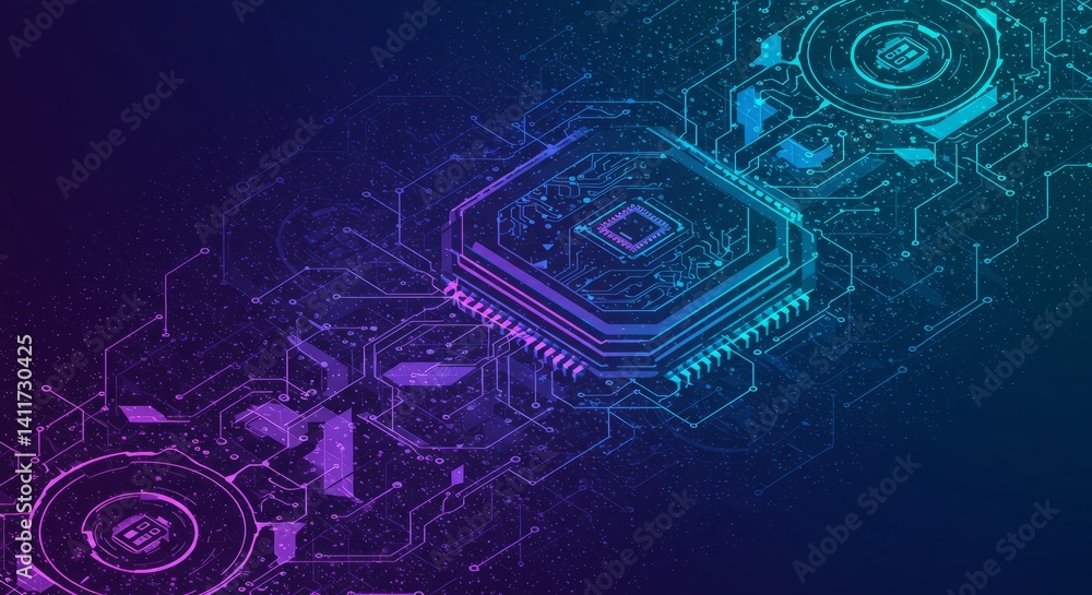 Poster abstract digital processor with neon glow and geometric shapes
