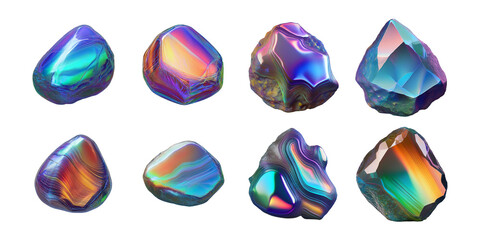 Colorful Iridescent Stones with Unique Patterns and Textures, holographic of Iridescent Kawaii 3D, Isolated on Transparent background