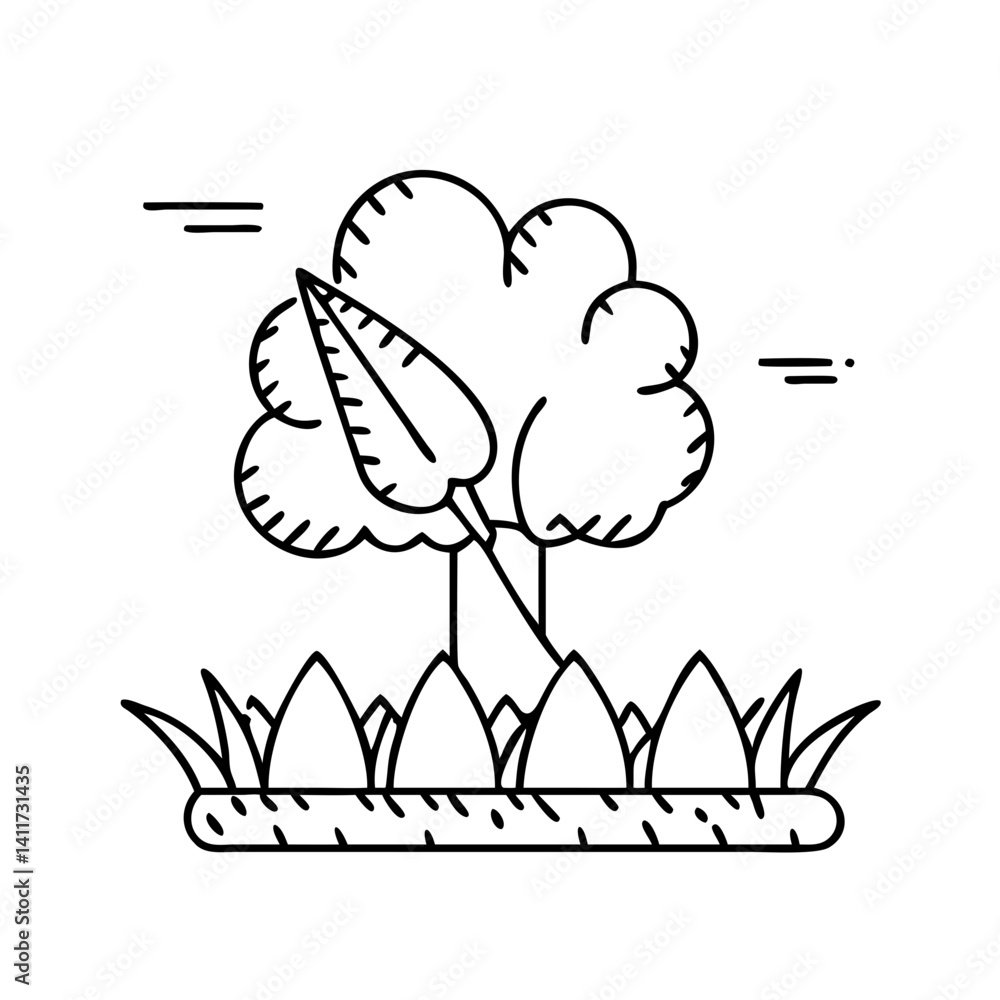 Poster simple line drawing of a tree in grass with a single leaf falling