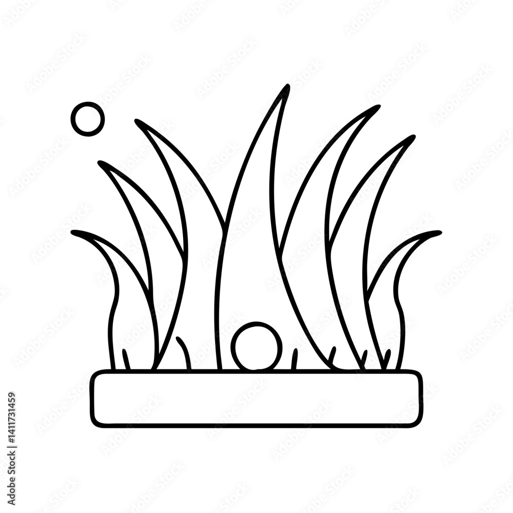 Poster simple line drawing of grass in a pot with small circles