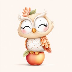 A cute, whimsical owl character with big eyes and a cheerful expression, perched on an apple, surrounded by soft colors and playful design elements.
