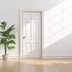 Bright and Minimalist Interior with White Door and Green Plant