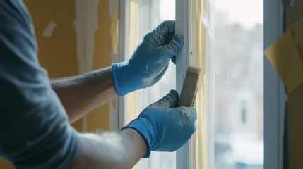 Painter masking off windows for painting. Indoor home renovation site