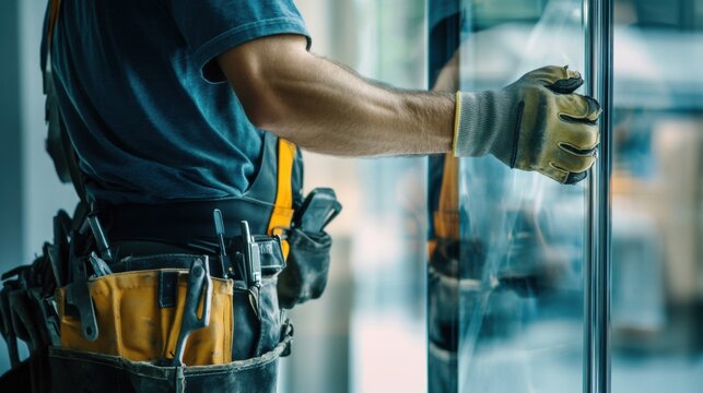 Glass installer fitting a large window panel. Featuring precision and safety