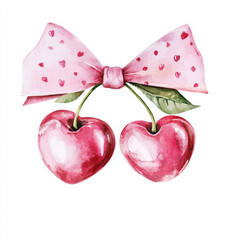 Cute cherries tied with a polka dot bow. Watercolor heart cherry fruit. Romantic Valentine red berry art. Love-themed fruity illustration, kids fruit print, sweet cartoon food