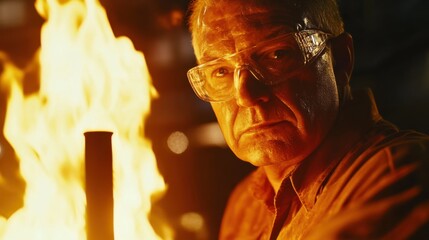 Glassblower shaping molten glass under intense heat. Featuring artistic craftsmanship and technique
