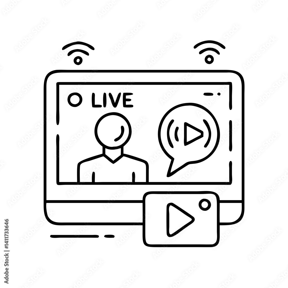 Poster live streaming online video broadcast with wireless connection and play button