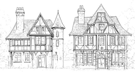 Obraz premium Two Tudor style Gatehouses designs, Tudor style Gatehouses vector image