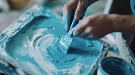 Obraz premium Painter mixing paint color. Indoor home renovation site