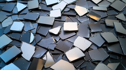 Shattered Mirror Tiles on a Surface Creating a Reflected Mosaic