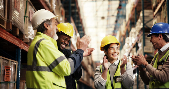 People, applause and team at warehouse, logistics and smile with support for woman, celebration and promotion. Group, engineer and men with goals, thank you and praise with shipping at storage plant