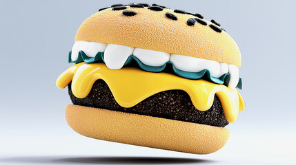 3D cartoon cheeseburger with sesame bun on light background