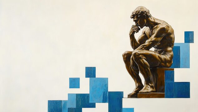 Bronze Statue of The Thinker in Front of Architectural Drawing with Blue Squares and White Lines, Capturing Deep Thought with Intricate Details and Realistic Depiction of Human Thought Process