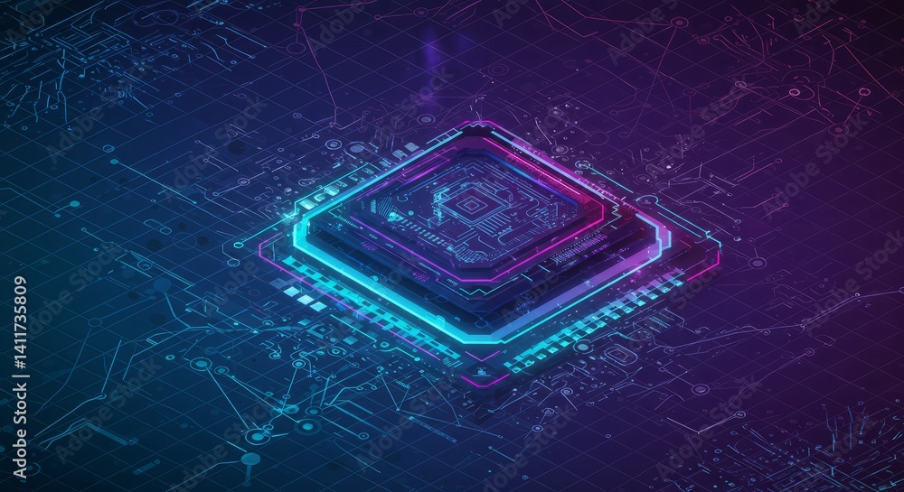 Poster isometric view of a glowing circuit board processor with blue and purple neon lights