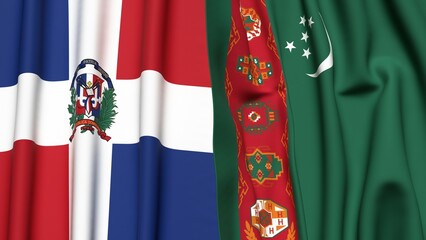 Flags of DOMINICAN REPUBLIC and Turkmenistan with realistic cloth texture
