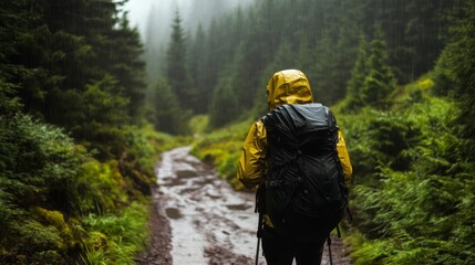 A camper wearing a rain poncho, hiking through a wet forest trail, showcasing preparation for rainy weather,