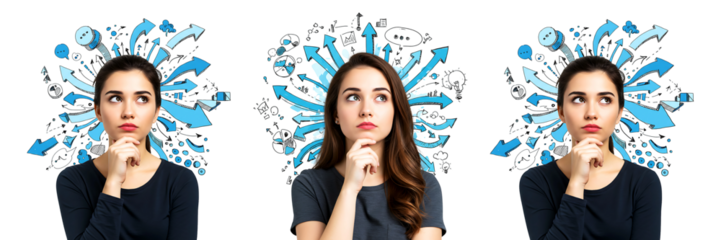 Woman Thinking with Business Sketches Transparent Background

