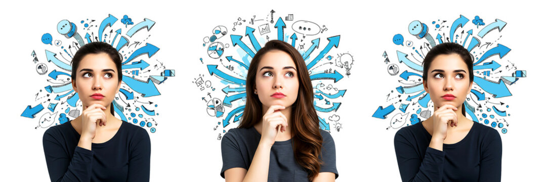 Woman Thinking with Business Sketches Transparent Background

