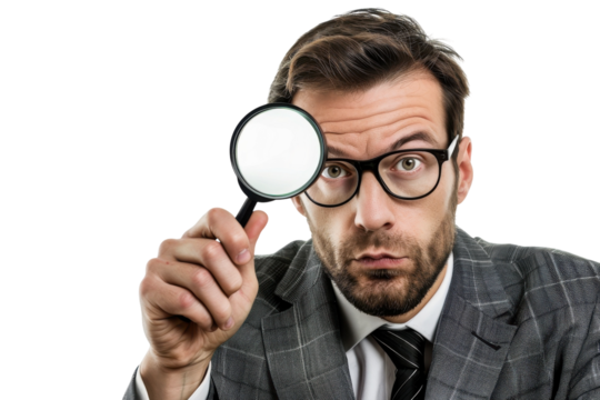 Detective in a suit examines details closely with a magnifying glass, showcasing curiosity and attention to detail during a mystery investigation isolated on transparent background