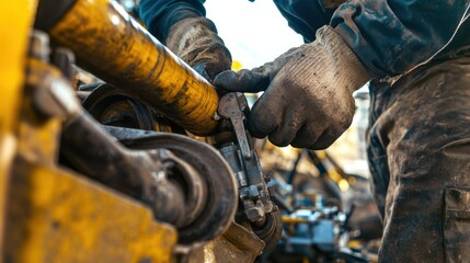 Heavy equipment mechanic adjusting hydraulic systems. Featuring problem-solving and mechanical expertise