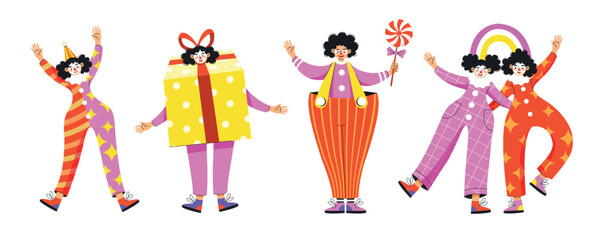 Fototapeta premium Cheerful people in carnival costumes on a white background.Cheerful clowns in colorful outfits engage in playful activities at a festive carnival. 