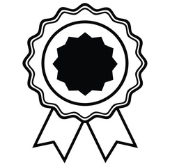 A black and white illustration of a circular award badge with a serrated inner edge, featuring a star-shaped emblem at the center. The badge is adorned with two ribbon-like tails at the bottom