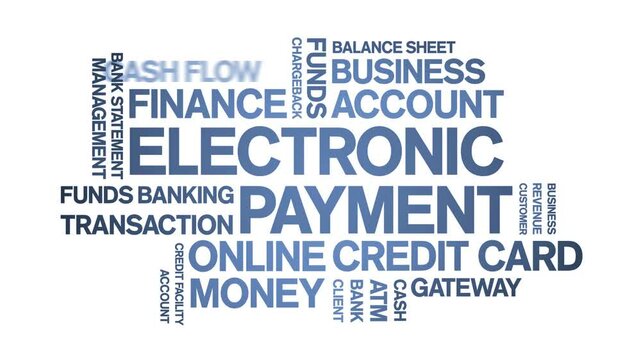 Electronic Payment animated word cloud;text design animation tag kinetic typography seamless loop.