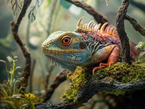 A colourful iguana with multi-colored scales perched on moss covered branch in a glass terrarium habitat