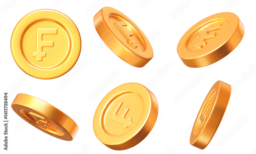 Wall mural 3d set golden swiss frank coin with different angles. chf icon. stock vector illustration on isolate