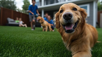Naklejka na ściany i meble Happy Golden Retriever Family Fun in Backyard.