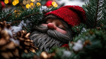 Obraz premium Sleepy Christmas gnome nestled in snowy Christmas trees