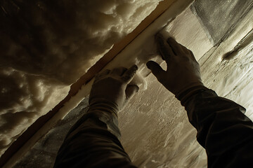 Fototapeta premium Construction worker installing insulation in a ceiling. Featuring insulation and building materials