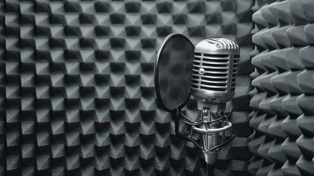 Vintage chrome broadcast microphone with circular pop filter set against geometric acoustic foam wall — nostalgic radio studio ambiance