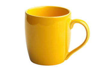 A bright yellow mug resting on a white surface, showcasing a modern design perfect for morning coffee at home or in the office isolated on transparent background