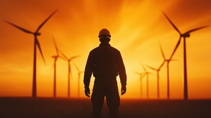 A man stands in front of a row of wind turbines
