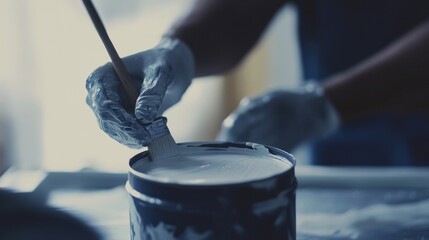 Painter preparing primer for wall. Indoor home renovation site