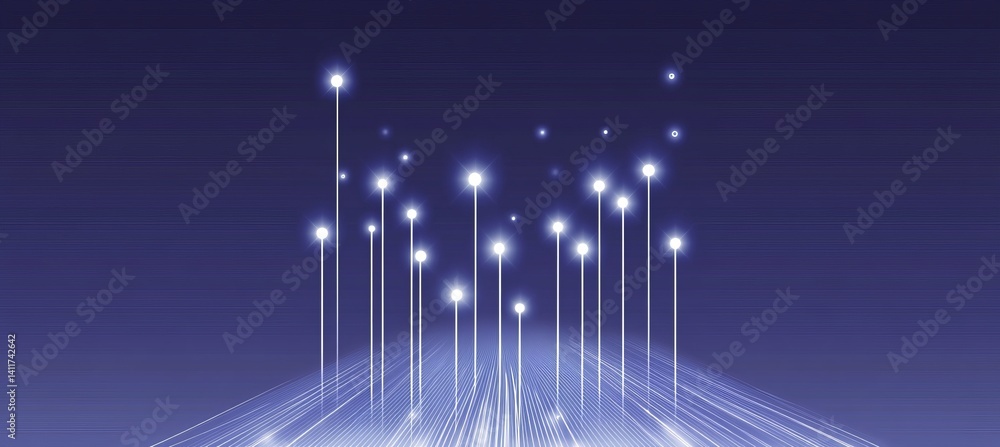 Poster a arrow with a lot of dots on it. abstract arrow with digital lines and glowing dots on a blue backg