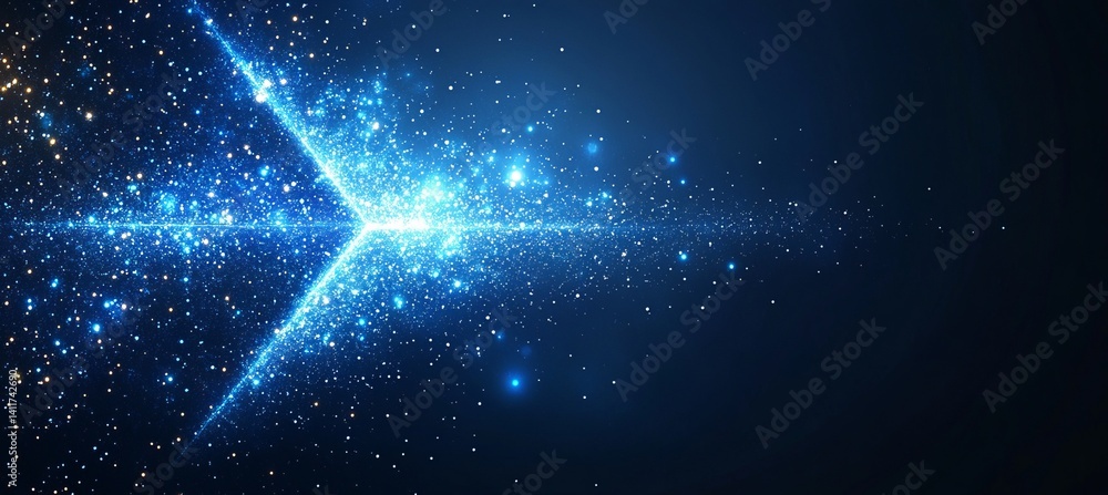 Poster a arrow with a lot of dots on it. abstract arrow with digital lines and glowing dots on a blue backg