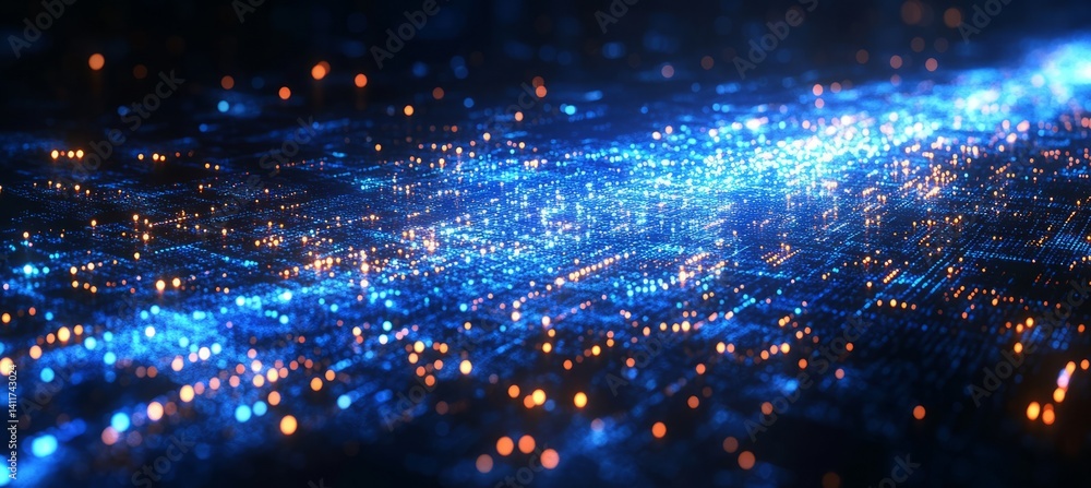 Poster a arrow with a lot of dots on it. abstract arrow with digital lines and glowing dots on a blue backg